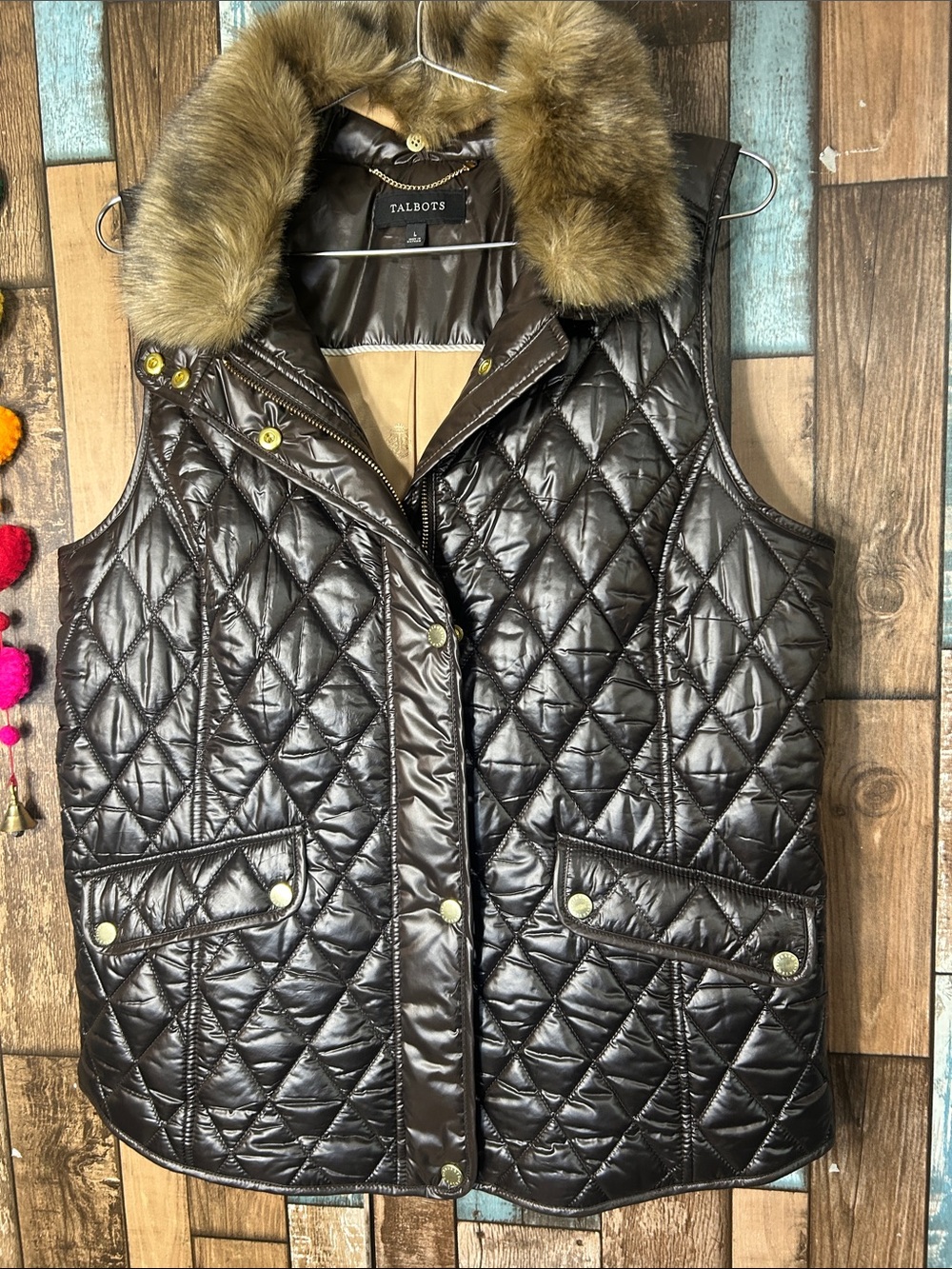 Talbots Quilted Faux-Leather Vest with Faux-Fur Collar - Dark Brown - Picture 4 of 16